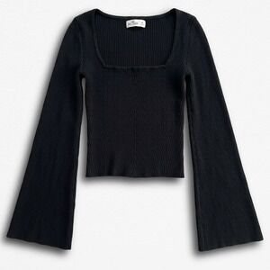 Hollister Black Ribbed Square-Neck Long Bell Sleeve Top